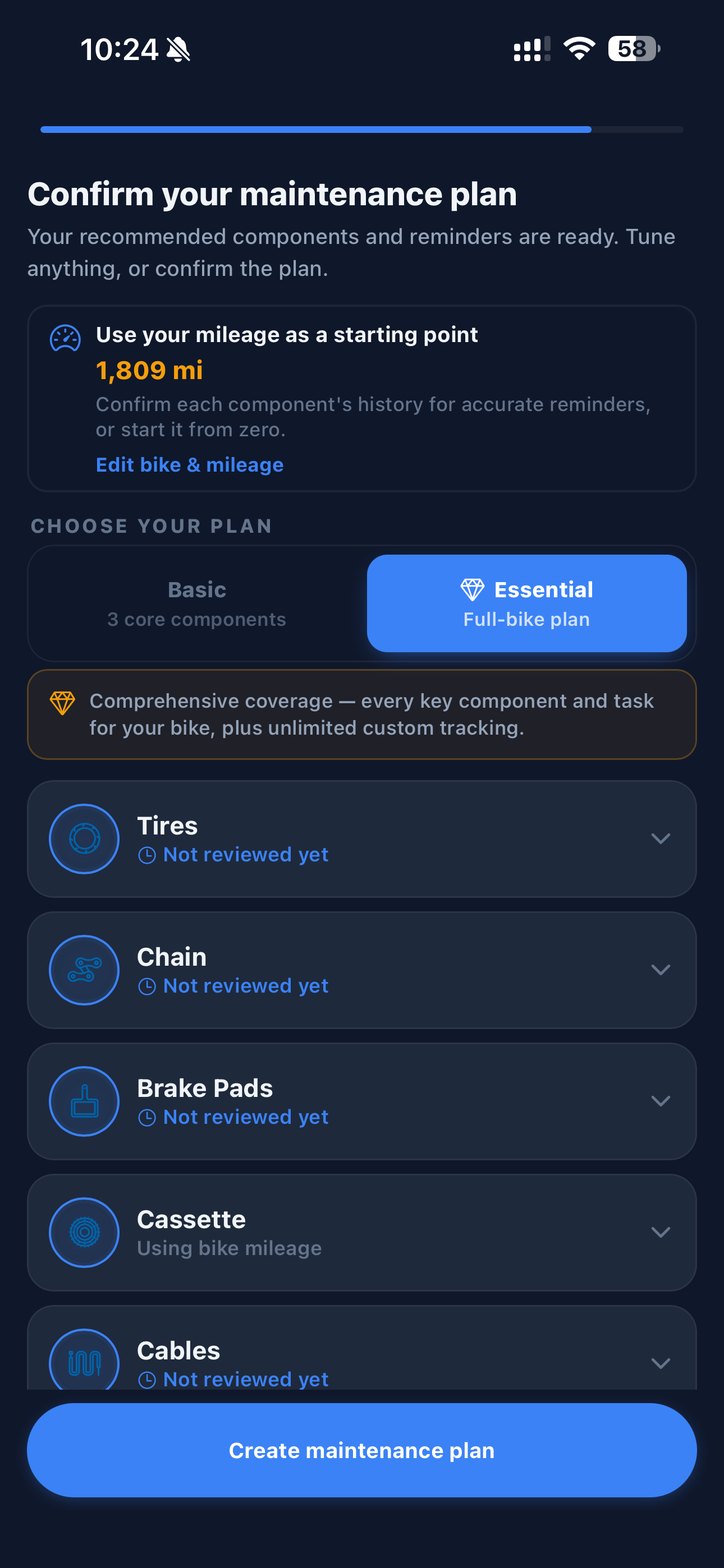 Cranq maintenance plan setup screen with component reminders