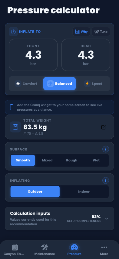 Cranq tire pressure calculator showing front and rear pressure recommendations
