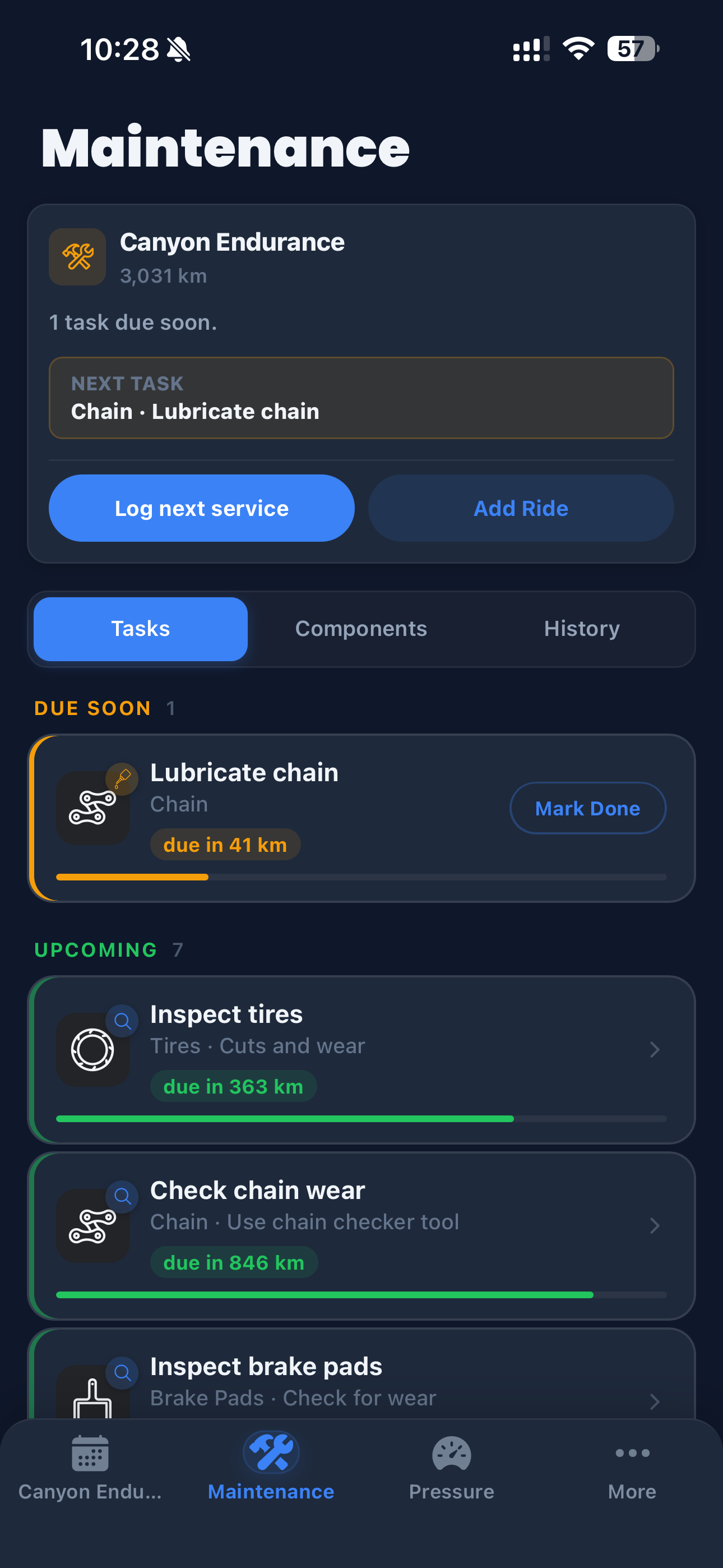 Cranq maintenance task list with overdue and upcoming tasks